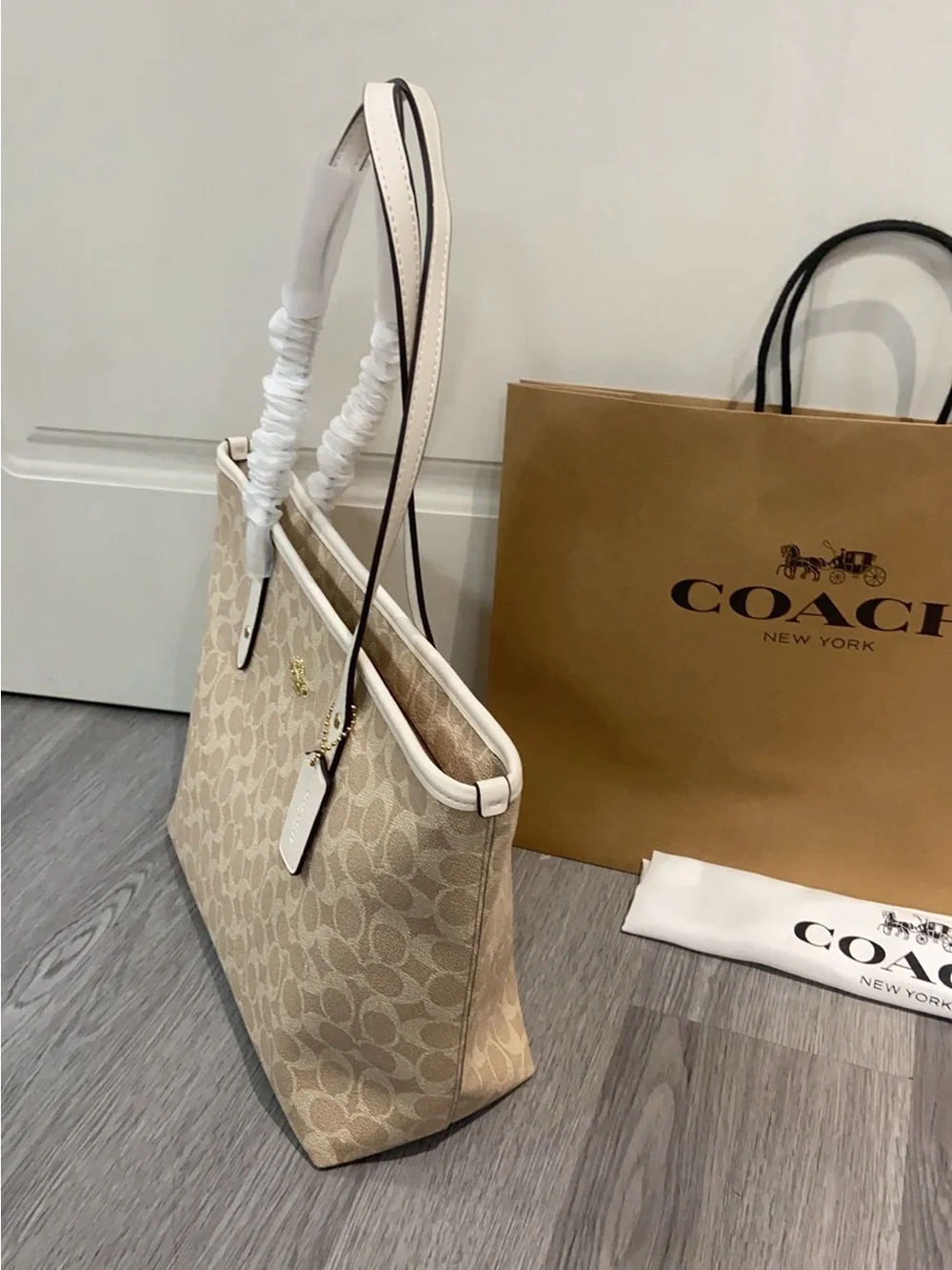 Coach Beige and White Signature Logo Tote